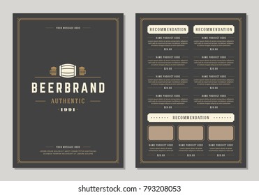 Restaurant logo and menu design vector brochure template. Beer barrel silhouette.