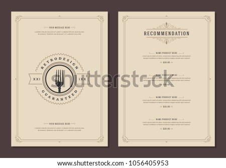 Restaurant logo and menu design vector brochure template. Fork silhouette.