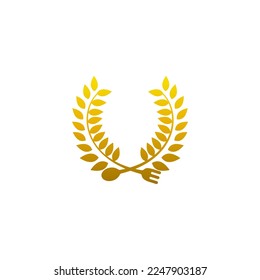 Logo del restaurante con diseño de naturaleza vectorial, dorado, logotipos de cubiertos
