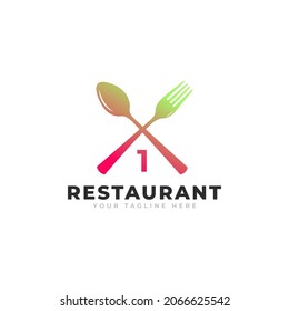 Logo del restaurante. Número 1 con plantilla de diseño de iconos de la horquilla de cuchara para el logotipo del restaurante