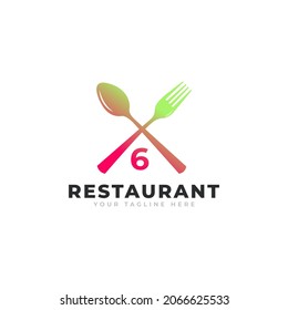 Restaurant Logo. Number 6 with Spoon Fork for Restaurant Logo Icon Design Template