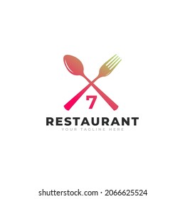 Restaurant Logo. Number 7 with Spoon Fork for Restaurant Logo Icon Design Template