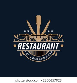 Restaurant Logo Old Typography Retro Vintage Style Elegant Ornament Cutlery And Knife Vector Design