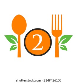Restaurant Logo On Letter 2 Template. Spoon and Fork, Leaf Symbol for Kitchen Sign, Cafe Icon, Restaurant, Cooking Business Vector