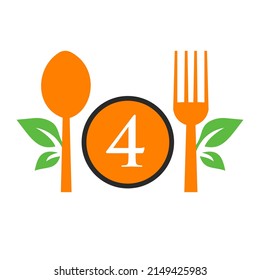 Restaurant Logo On Letter 4 Template. Spoon and Fork, Leaf Symbol for Kitchen Sign, Cafe Icon, Restaurant, Cooking Business Vector