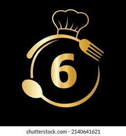Restaurant Logo on Letter 6 with Chef Hat, Spoon and Fork Symbol for Kitchen Sign, Cafe Icon, Restaurant, Cooking Business Vector