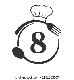 Restaurant Logo on Letter 8 Concept. Letter 8 Logo with Chef Hat, Spoon And Fork For Restaurant Logo