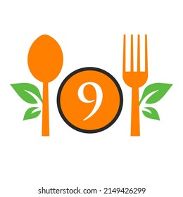 Restaurant Logo On Letter 9 Template. Spoon and Fork, Leaf Symbol for Kitchen Sign, Cafe Icon, Restaurant, Cooking Business Vector