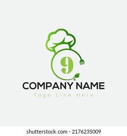 Restaurant Logo On Letter 9 Template. Food On 9 Letter, Initial Chef Sign Concept