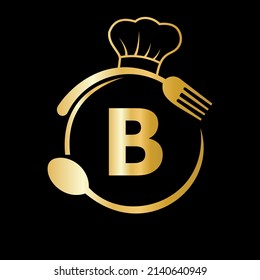Restaurant Logo on Letter B with Chef Hat, Spoon and Fork Symbol for Kitchen Sign, Cafe Icon, Restaurant, Cooking Business Vector