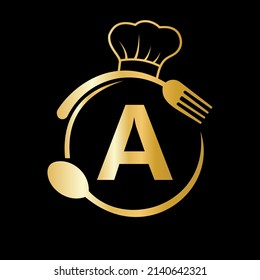Restaurant Logo on Letter A with Chef Hat, Spoon and Fork Symbol for Kitchen Sign, Cafe Icon, Restaurant, Cooking Business Vector