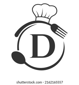Restaurant Logo on Letter D Concept. Letter D Logo with Chef Hat, Spoon And Fork For Restaurant Logo
