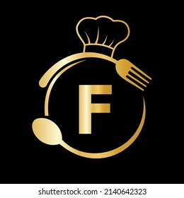 Restaurant Logo on Letter F with Chef Hat, Spoon and Fork Symbol for Kitchen Sign, Cafe Icon, Restaurant, Cooking Business Vector
