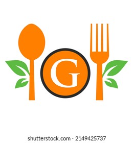 Restaurant Logo On Letter G Template. Spoon and Fork, Leaf Symbol for Kitchen Sign, Cafe Icon, Restaurant, Cooking Business Vector