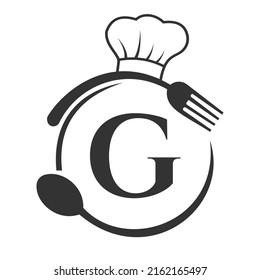 Restaurant Logo on Letter G Concept. Letter G Logo with Chef Hat, Spoon And Fork For Restaurant Logo