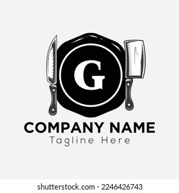 Restaurant Logo On Letter G Template. Food On G Letter, Initial Chef Sign Concept