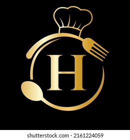Restaurant Logo on Letter H Concept. Letter H Logo with Chef Hat, Spoon And Fork For Restaurant Logo