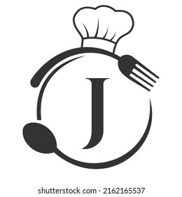 Restaurant Logo on Letter J Concept. Letter J Logo with Chef Hat, Spoon And Fork For Restaurant Logo