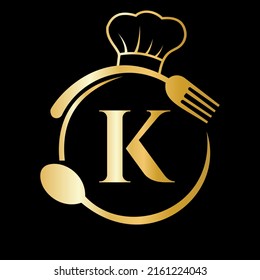 Restaurant Logo on Letter K Concept. Letter K Logo with Chef Hat, Spoon And Fork For Restaurant Logo