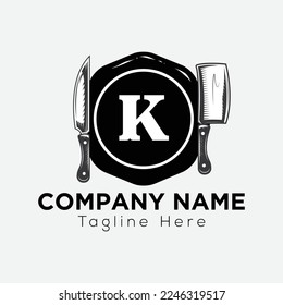 Restaurant Logo On Letter K Template. Food On K Letter, Initial Chef Sign Concept