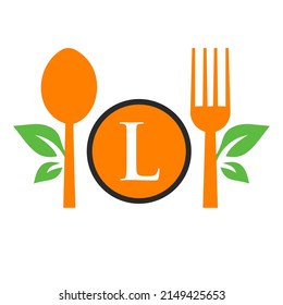 Restaurant Logo On Letter L Template. Spoon and Fork, Leaf Symbol for Kitchen Sign, Cafe Icon, Restaurant, Cooking Business Vector