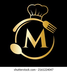 Restaurant Logo on Letter M Concept. Letter M Logo with Chef Hat, Spoon And Fork For Restaurant Logo