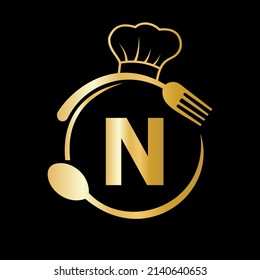 Restaurant Logo on Letter N with Chef Hat, Spoon and Fork Symbol for Kitchen Sign, Cafe Icon, Restaurant, Cooking Business Vector