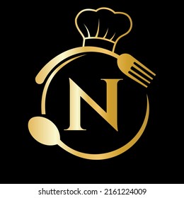 Restaurant Logo on Letter N Concept. Letter N Logo with Chef Hat, Spoon And Fork For Restaurant Logo