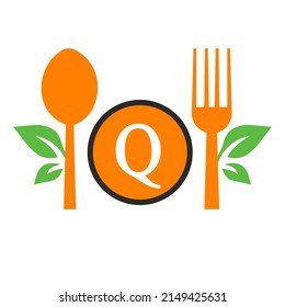 Restaurant Logo On Letter Q Template. Spoon and Fork, Leaf Symbol for Kitchen Sign, Cafe Icon, Restaurant, Cooking Business Vector