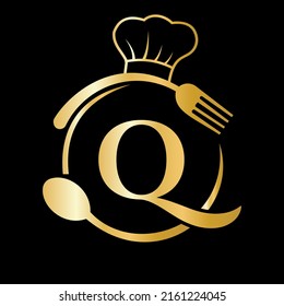 Restaurant Logo on Letter Q Concept. Letter Q Logo with Chef Hat, Spoon And Fork For Restaurant Logo