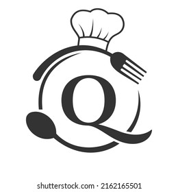 Restaurant Logo on Letter Q Concept. Letter Q Logo with Chef Hat, Spoon And Fork For Restaurant Logo