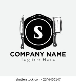Restaurant Logo On Letter S Template. Food On S Letter, Initial Chef Sign Concept