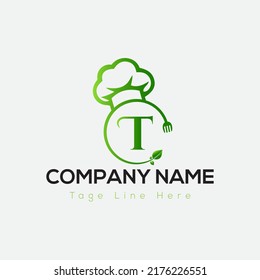 Restaurant Logo On Letter T Template. Food On T Letter, Initial Chef Sign Concept