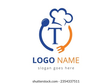 Logo del restaurante en el concepto de la carta T. Logo vectorial moderno para cafés, restaurantes, negocios de cocina e identidad de la empresa