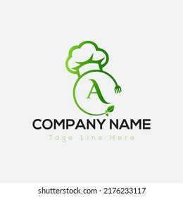 Restaurant Logo On Letter A Template. Food On A Letter, Initial Chef Sign Concept