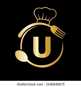 Restaurant Logo on Letter U with Chef Hat, Spoon and Fork Symbol for Kitchen Sign, Cafe Icon, Restaurant, Cooking Business Vector