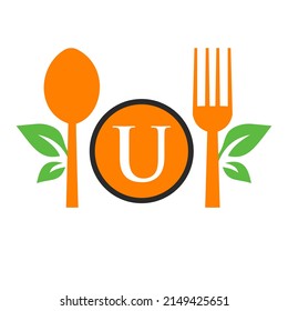Restaurant Logo On Letter U Template. Spoon and Fork, Leaf Symbol for Kitchen Sign, Cafe Icon, Restaurant, Cooking Business Vector