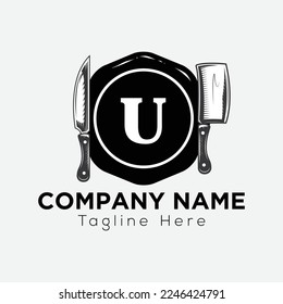 Restaurant Logo On Letter U Template. Food On U Letter, Initial Chef Sign Concept