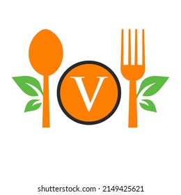 Restaurant Logo On Letter V Template. Spoon and Fork, Leaf Symbol for Kitchen Sign, Cafe Icon, Restaurant, Cooking Business Vector