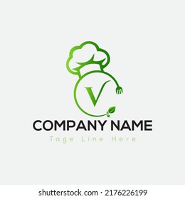 Restaurant Logo On Letter V Template. Food On V Letter, Initial Chef Sign Concept