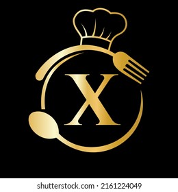 Restaurant Logo on Letter X Concept. Letter X Logo with Chef Hat, Spoon And Fork For Restaurant Logo