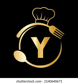 Restaurant Logo on Letter Y with Chef Hat, Spoon and Fork Symbol for Kitchen Sign, Cafe Icon, Restaurant, Cooking Business Vector