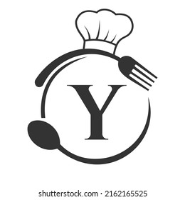 Restaurant Logo on Letter Y Concept. Letter Y Logo with Chef Hat, Spoon And Fork For Restaurant Logo