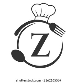 Restaurant Logo on Letter Z Concept. Letter Z Logo with Chef Hat, Spoon And Fork For Restaurant Logo