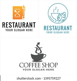 Restaurant logo with orange book pen spoon fork blue bowl leaf and cup trident black line art suitable for food drink coffee business label cafe shop