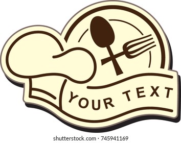Restaurant logo with plate, spoon, fork, chef hat, and banner for your company text.