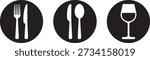 Restaurant logo set, fork, knife, spoon and wine glass icons in round black badges. Vector Black silhouettes. with white background
