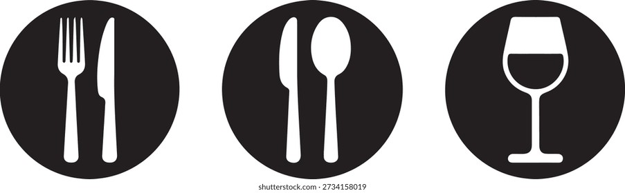Restaurant logo set, fork, knife, spoon and wine glass icons in round black badges. Vector Black silhouettes. with white background

