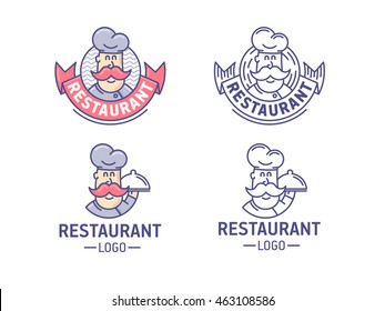Restaurant logo set. Retro label or logotype with chef. Vector illustration