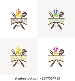 Restaurant logo with simple design, cutlery icon and fire logos